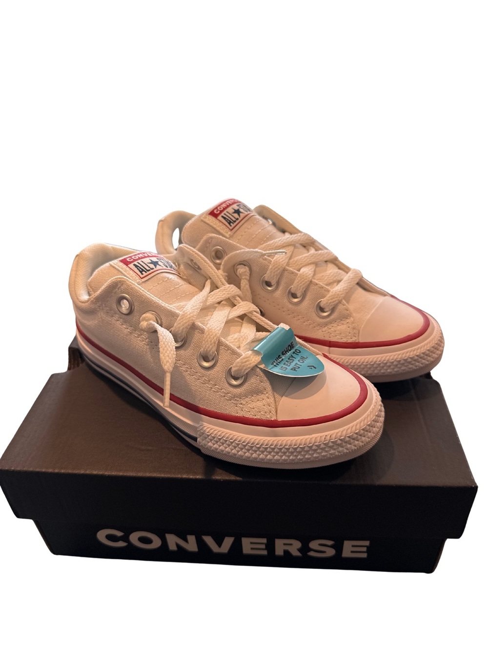 Converse Kids Low-Top Canvas Sneakers in White with Red Stripe